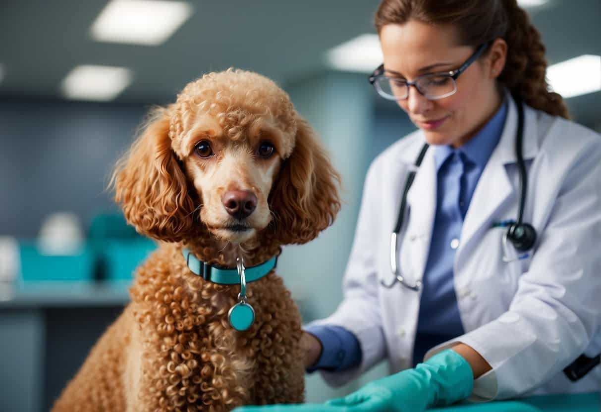A poodle receiving veterinary care for common health issues, with a veterinarian providing specific care and health tips A poodle receiving veterinary care for common health issues, with a veterinarian providing specific care and health tips