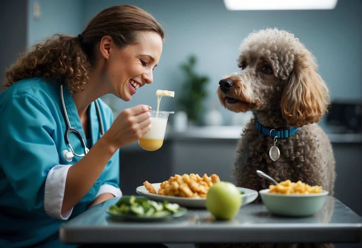 A poodle with a shiny coat eats a balanced meal while a vet checks its teeth. A chart lists common poodle diseases and health tips A poodle with a shiny coat eats a balanced meal while a vet checks its teeth. A chart lists common poodle diseases and health tips
