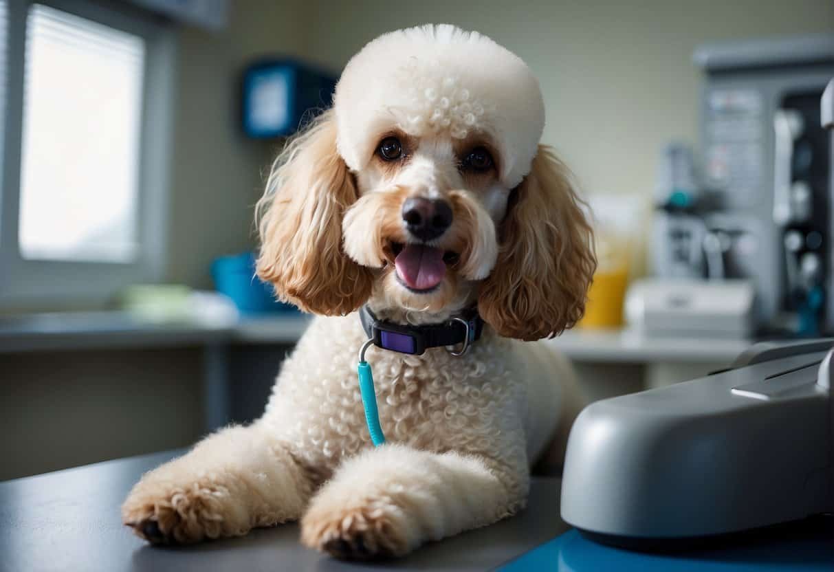 A poodle receiving a check-up at the vet, surrounded by charts and medical equipment A poodle receiving a check-up at the vet, surrounded by charts and medical equipment