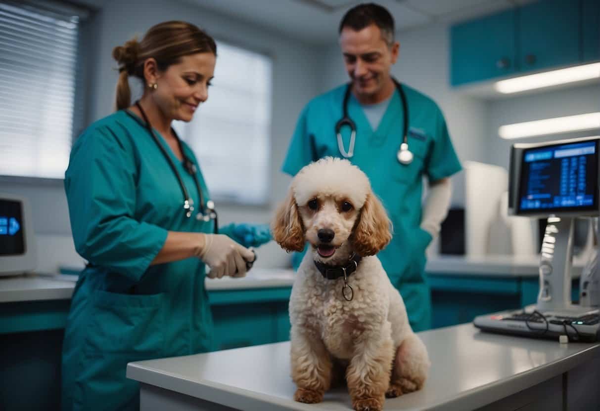 A poodle receiving veterinary care for reproductive health issues, surrounded by medical equipment and a caring veterinarian A poodle receiving veterinary care for reproductive health issues, surrounded by medical equipment and a caring veterinarian