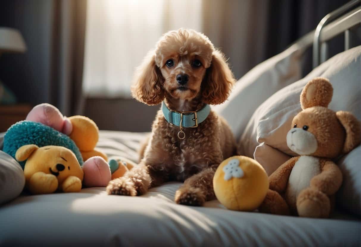 A poodle rests on a cozy bed, surrounded by dog toys and a water bowl. A veterinarian administers a check-up, while a chart lists common poodle diseases and health tips A poodle rests on a cozy bed, surrounded by dog toys and a water bowl. A veterinarian administers a check-up, while a chart lists common poodle diseases and health tips