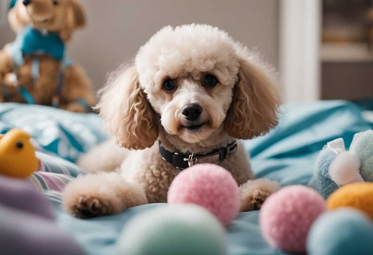 A poodle surrounded by hypoallergenic bedding, toys, and grooming supplies. A person with allergies happily interacts with the poodle