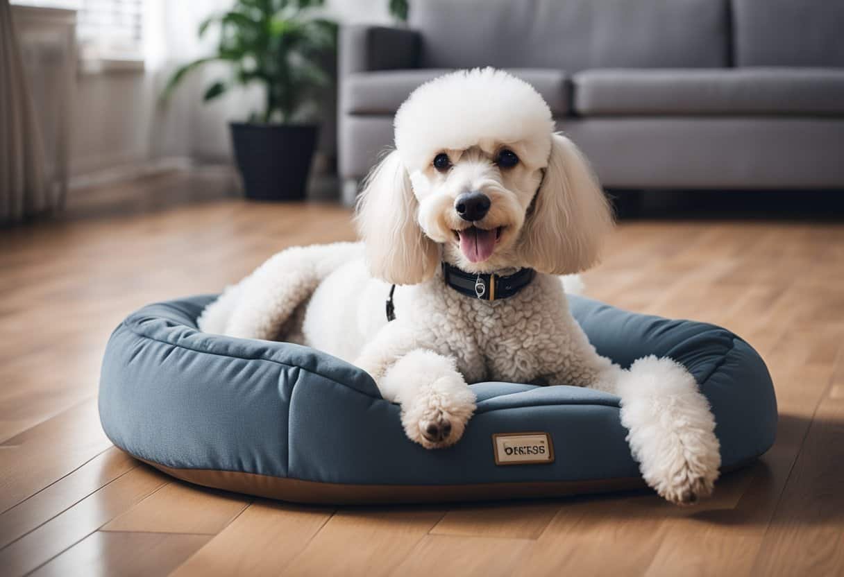 A poodle lounges on a hypoallergenic dog bed in a clean, clutter-free room with hardwood floors and air purifier