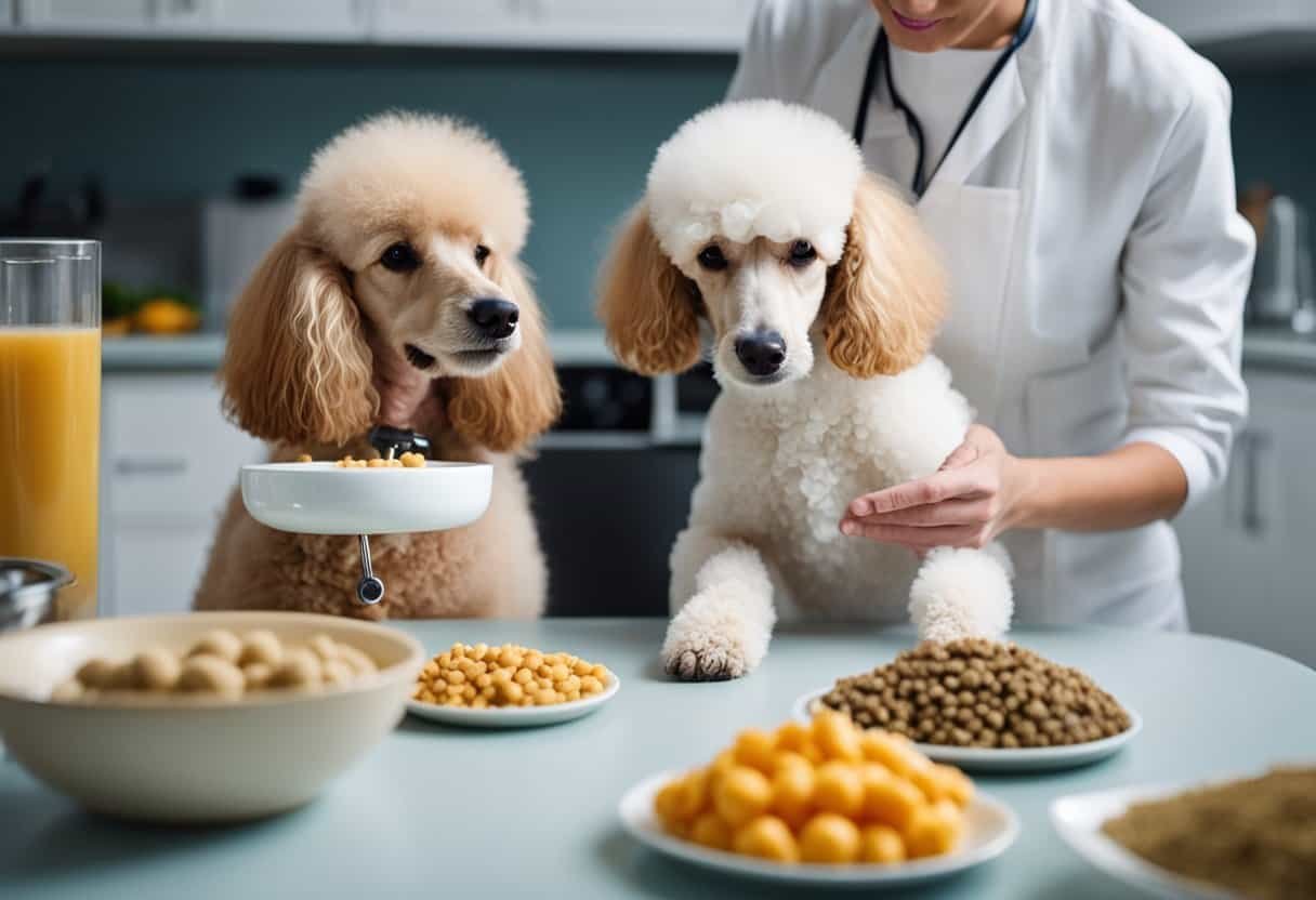 A poodle eagerly eats hypoallergenic food from a raised bowl, while a person carefully measures out a portion of allergy-friendly supplements