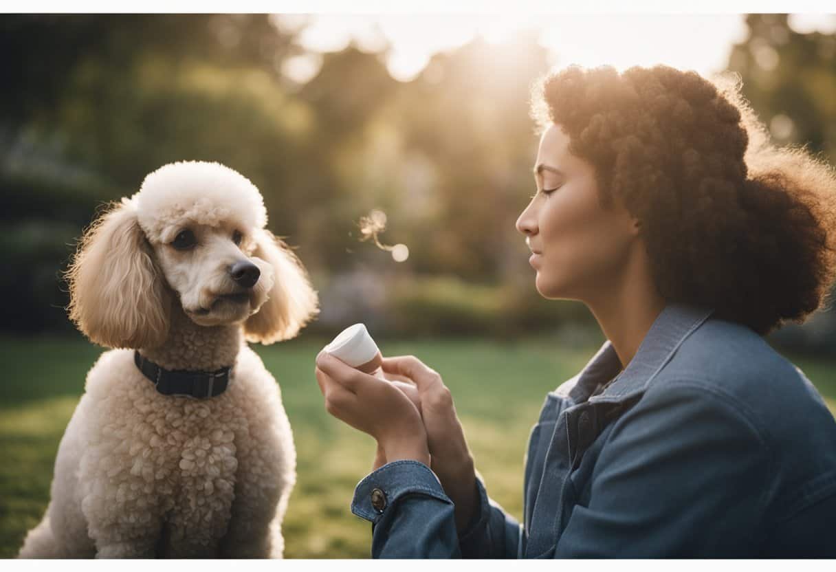 A poodle sits calmly next to a sneezing person, disproving the myth that they are hypoallergenic. The person reaches for allergy medication while the poodle looks on with concern