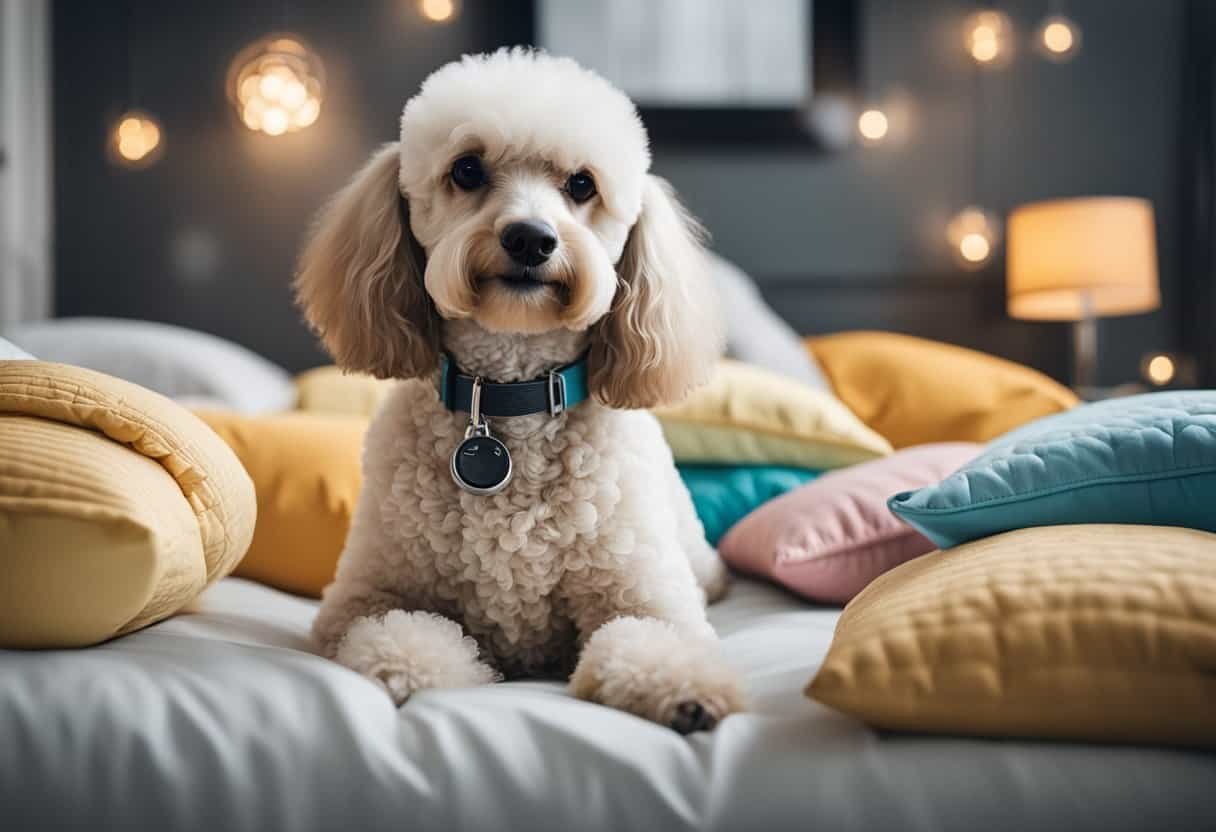 A poodle surrounded by allergy-friendly items like hypoallergenic bedding, air purifiers, and grooming tools