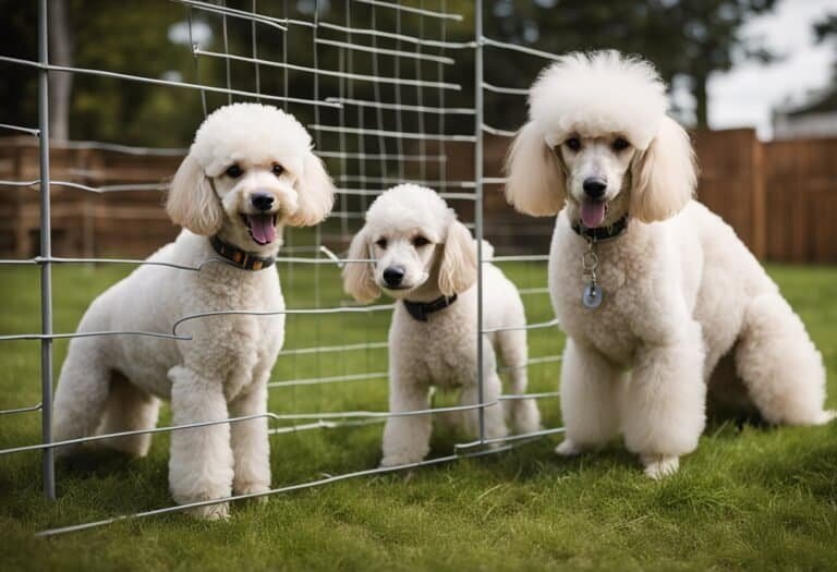 Poodles playing in a fenced yard, volunteers feeding and grooming them, others filling out paperwork and organizing events for the rescue