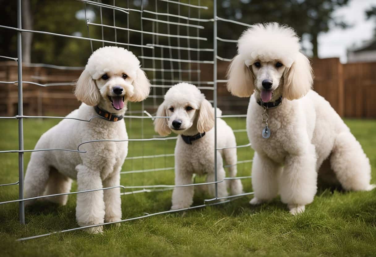 Poodles playing in a fenced yard, volunteers feeding and grooming them, others filling out paperwork and organizing events for the rescue