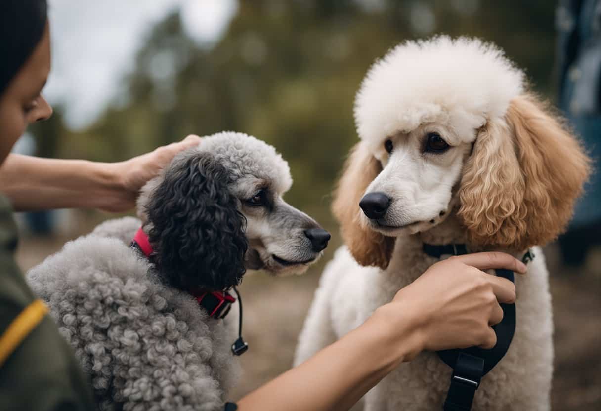 A poodle rescue volunteer gently grooming and comforting a rescued poodle in a cozy, welcoming environment