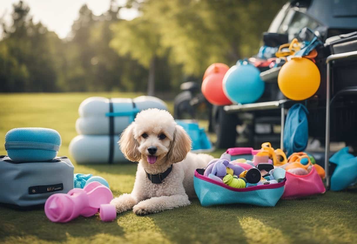 A poodle rescue volunteer gathers supplies, leashes, and dog toys, ready to help and care for rescued poodles