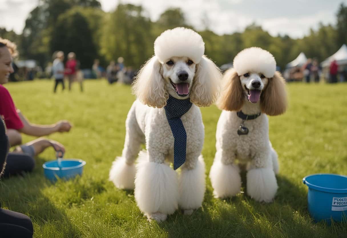 Poodles playing in a grassy field, surrounded by volunteers grooming and feeding them. A sign with "Poodle Rescue" is visible in the background