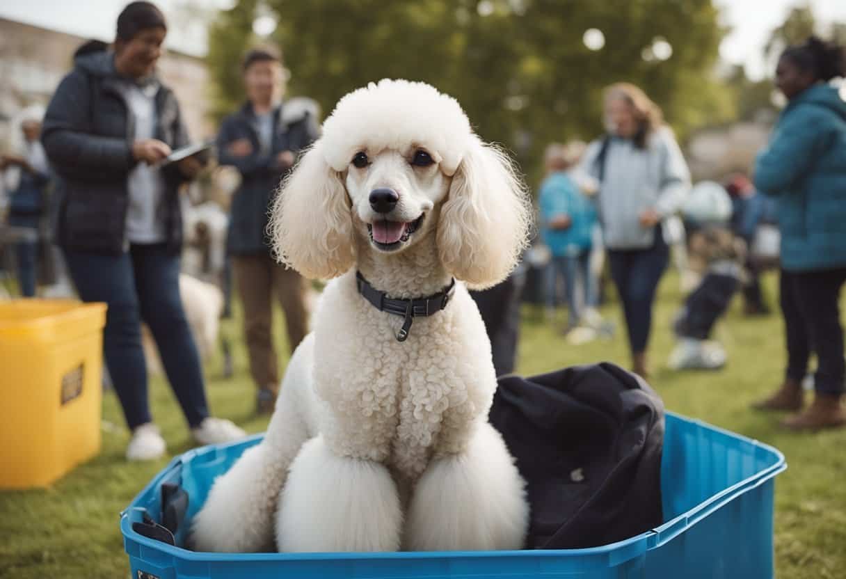 A poodle rescue event: volunteers gather, donate supplies, and care for rescued poodles. A sense of community and compassion is evident