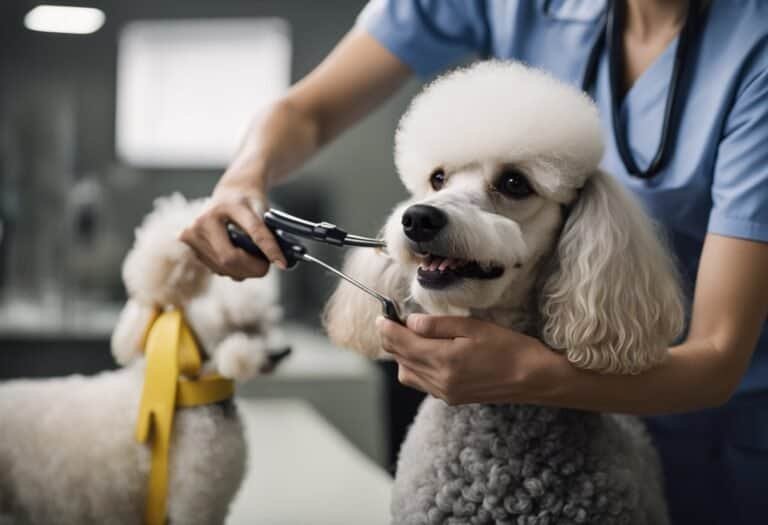 A poodle is being brushed and groomed with care, its coat shiny and well-maintained. A veterinarian administers a routine check-up, ensuring the dog