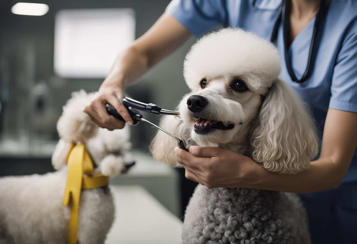 A poodle is being brushed and groomed with care, its coat shiny and well-maintained. A veterinarian administers a routine check-up, ensuring the dog's health and well-being