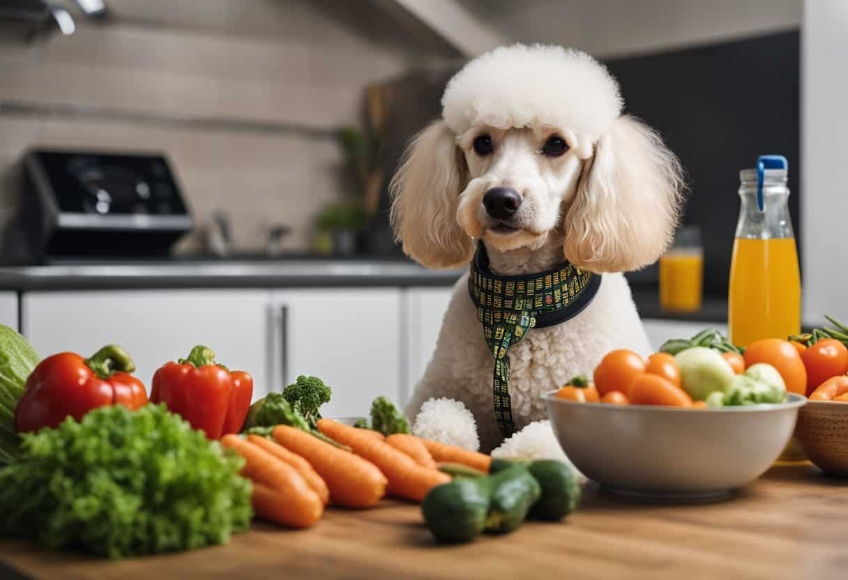 A poodle sits beside a bowl of balanced dog food, surrounded by fresh vegetables and a water dish. A vet's pamphlet on nutrition lies nearby