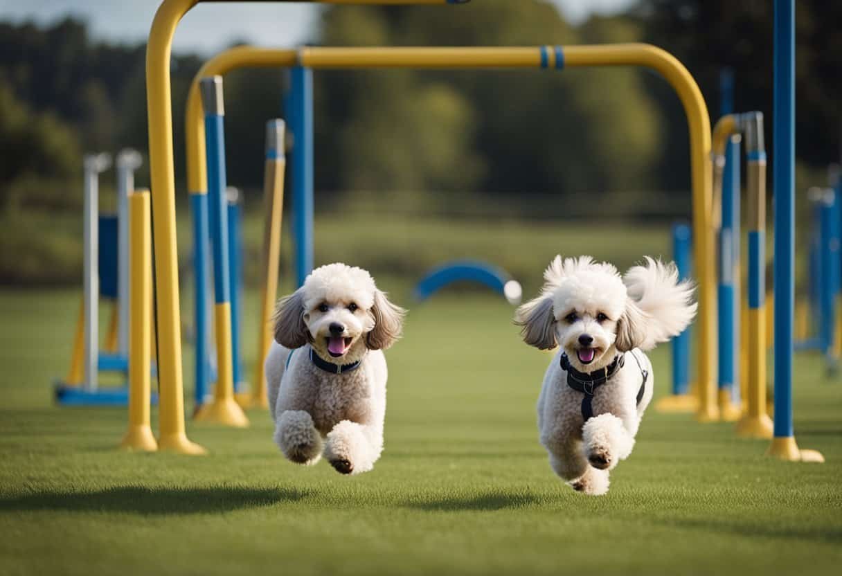 A poodle running on a grassy field with agility equipment in the background. A veterinarian supervises the exercise