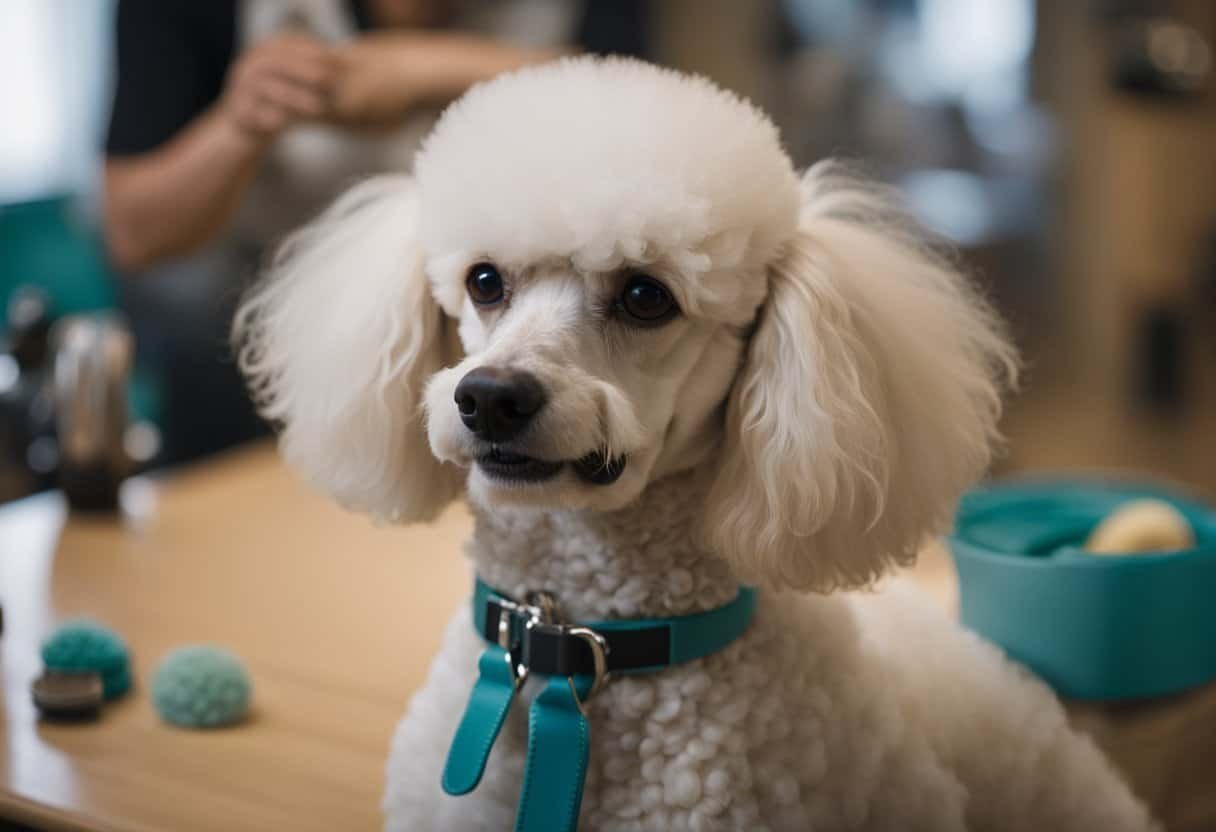 A poodle sits calmly on a grooming table, while a trainer rewards it with a treat for good behavior. Brushes, combs, and training aids are neatly organized nearby
