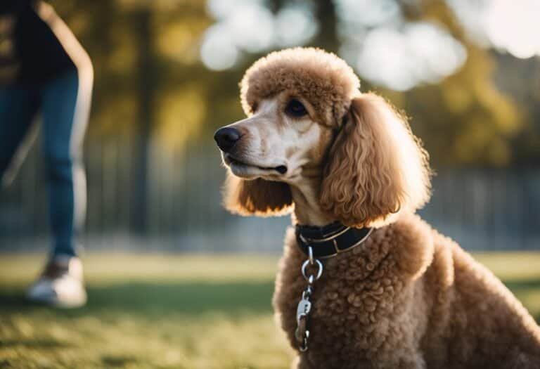 A poodle sits attentively, ears perked, as a trainer uses positive reinforcement and treats to discourage barking
