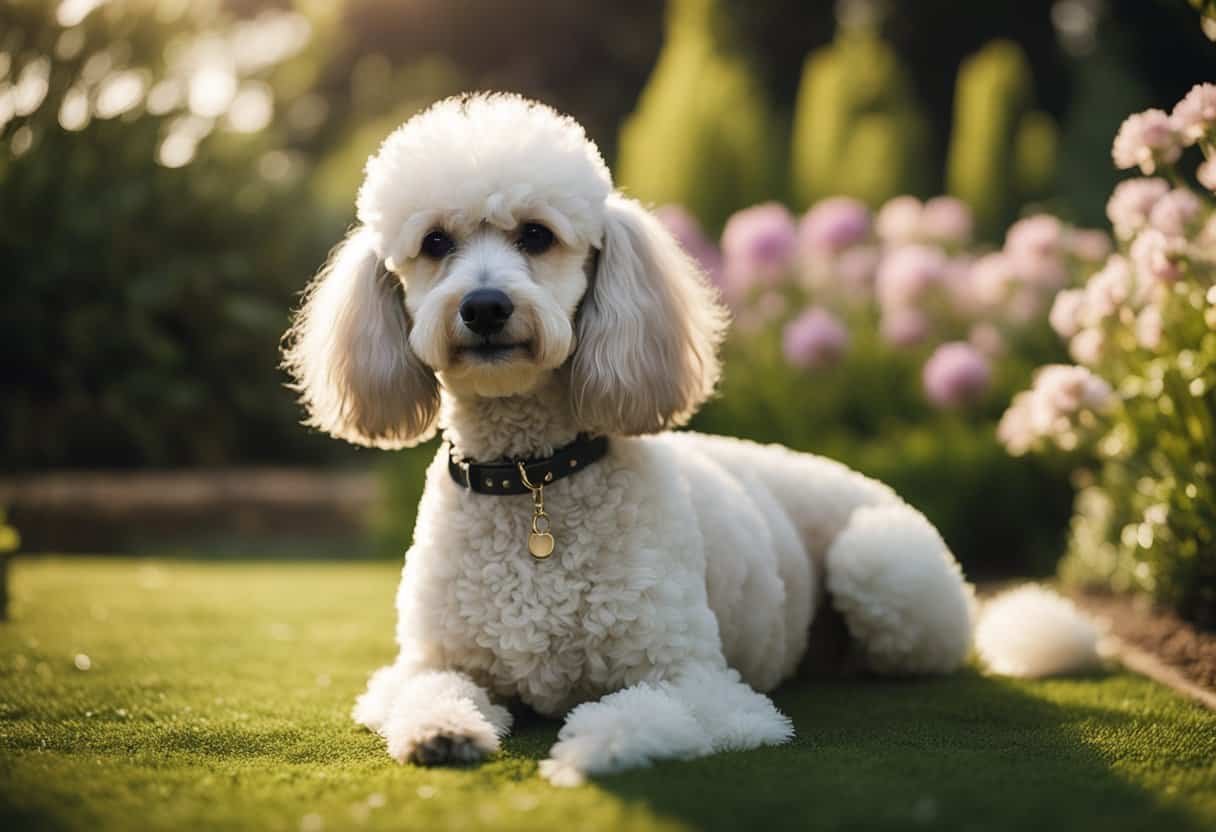 A peaceful garden with a poodle sitting quietly, surrounded by calming elements like soft music, gentle lighting, and soothing scents