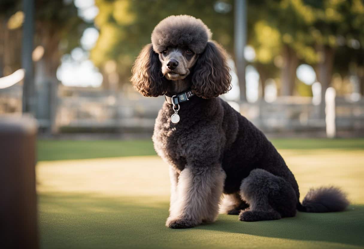 A poodle sitting attentively as a trainer provides guidance and resources to minimize barking