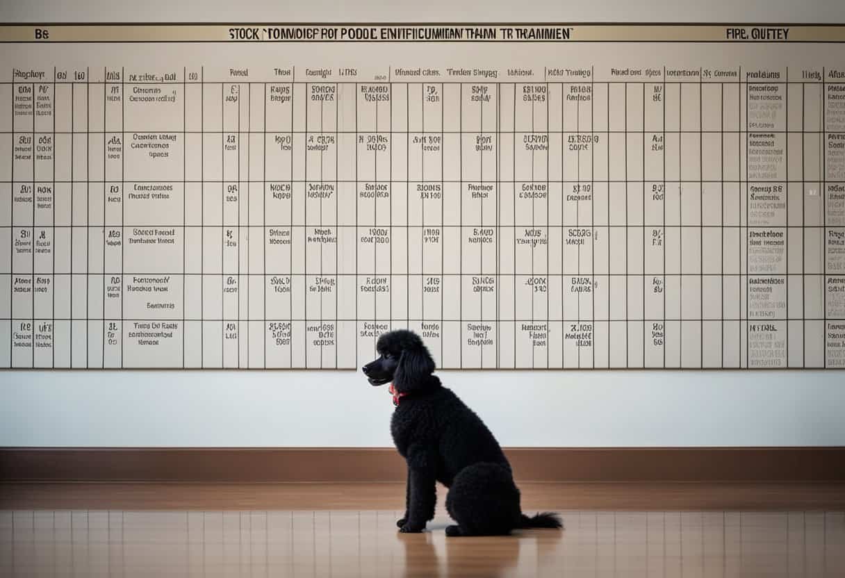 A poodle sits quietly as a trainer uses positive reinforcement techniques. A chart on the wall lists common training questions