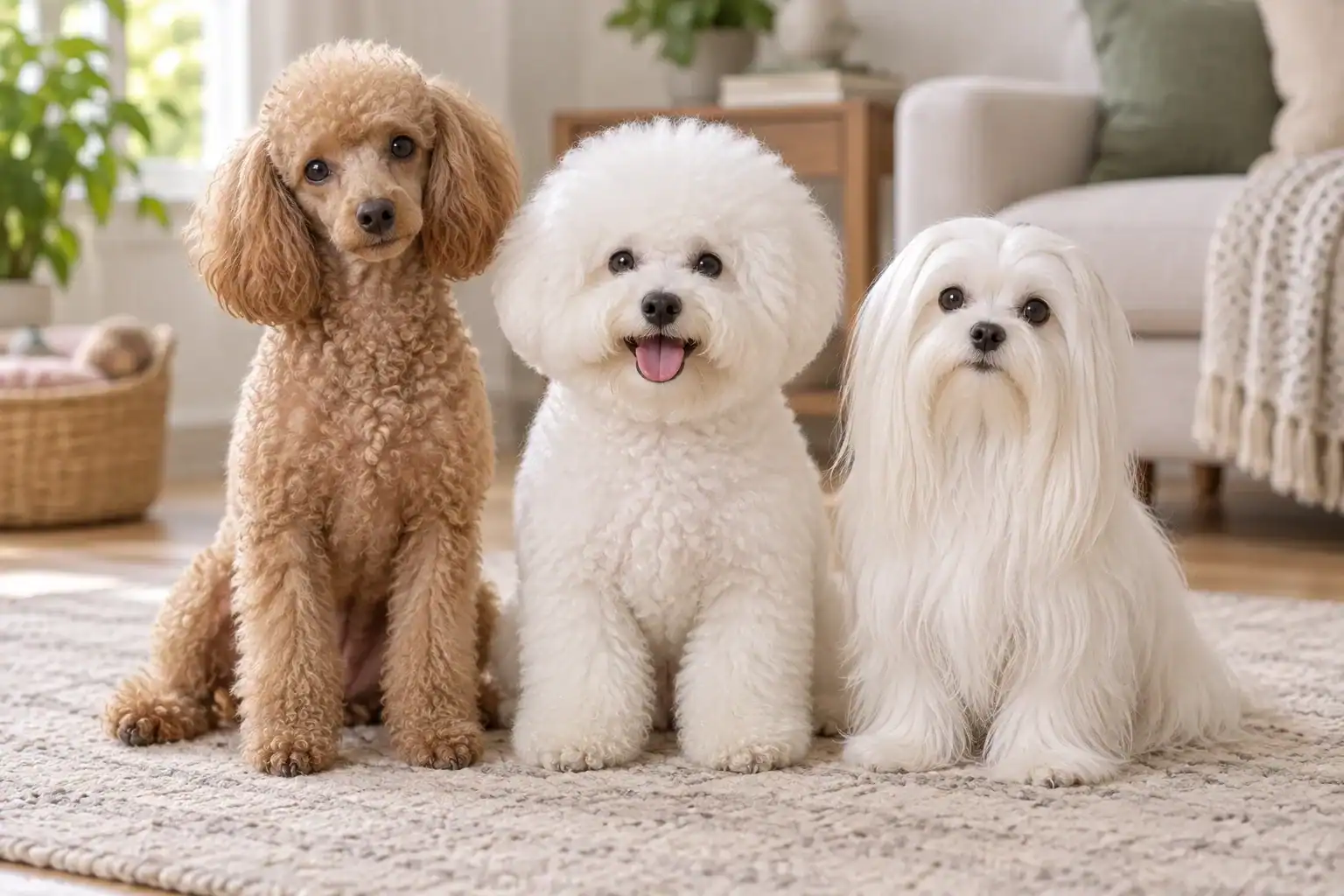 AI illustration of a poodle, bichon frise and Maltese sitting together.