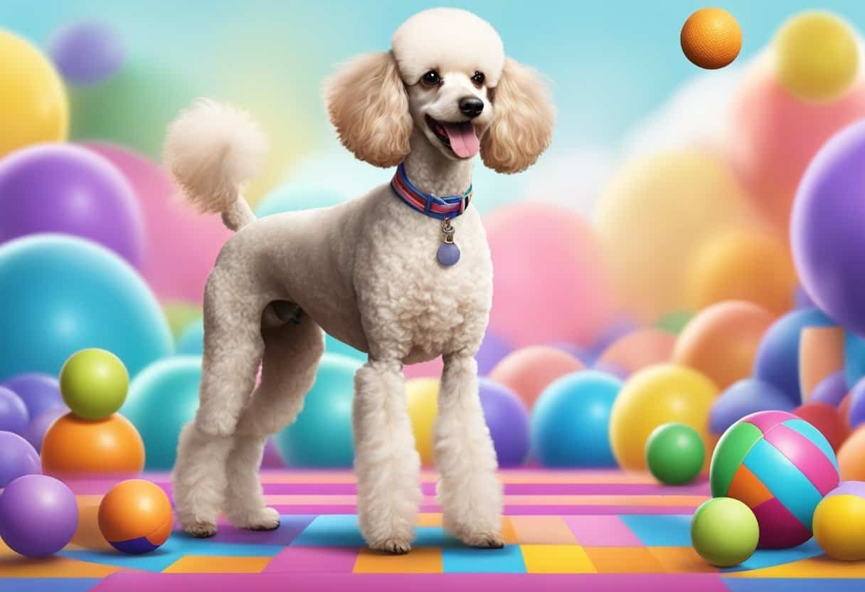 A poodle performs advanced tricks, balancing on hind legs with a ball on its nose, while surrounded by colorful toys and agility equipment