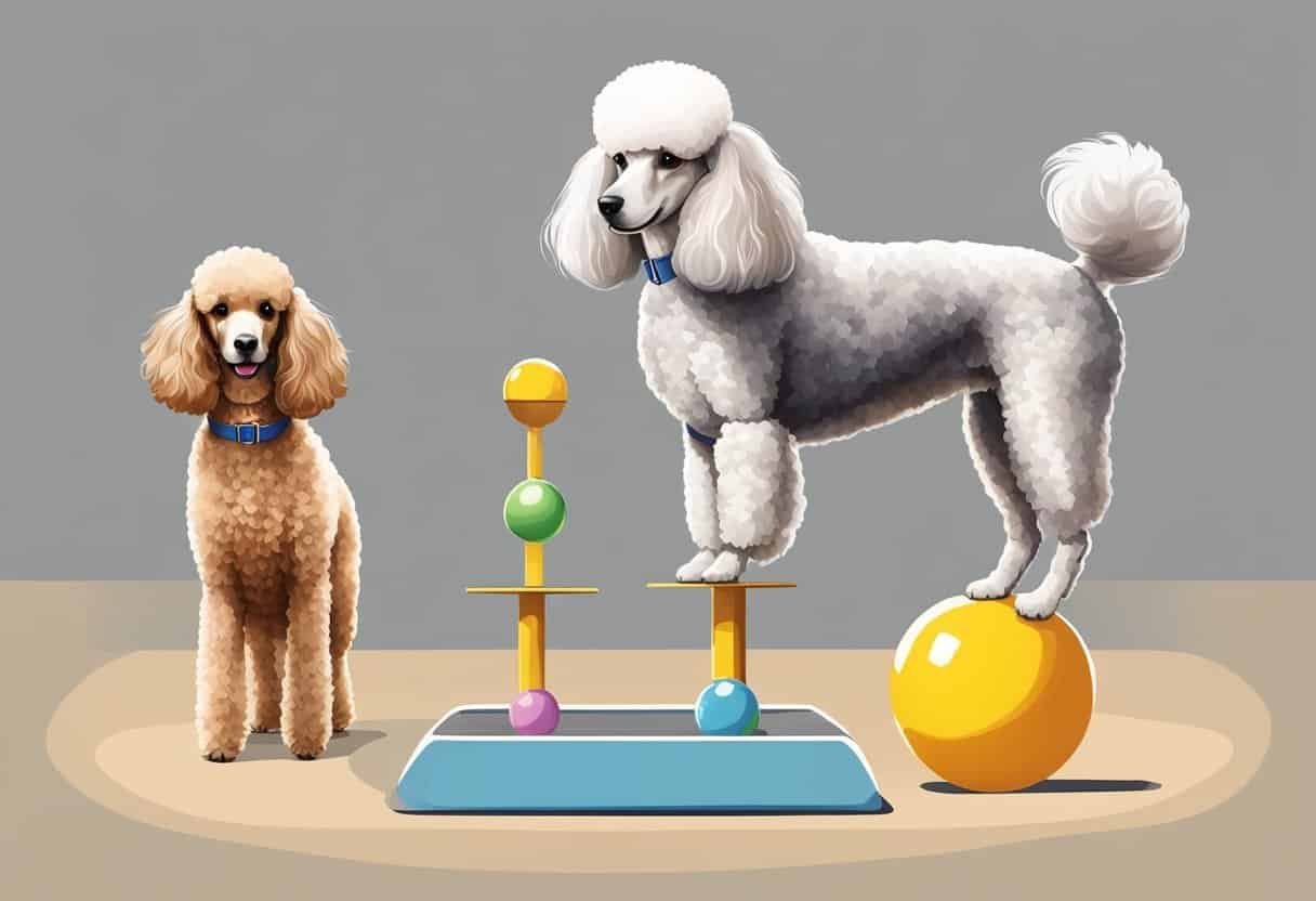 A poodle stands on hind legs, balancing on a stability ball while eating from a puzzle feeder. Another poodle performs agility exercises with a trainer