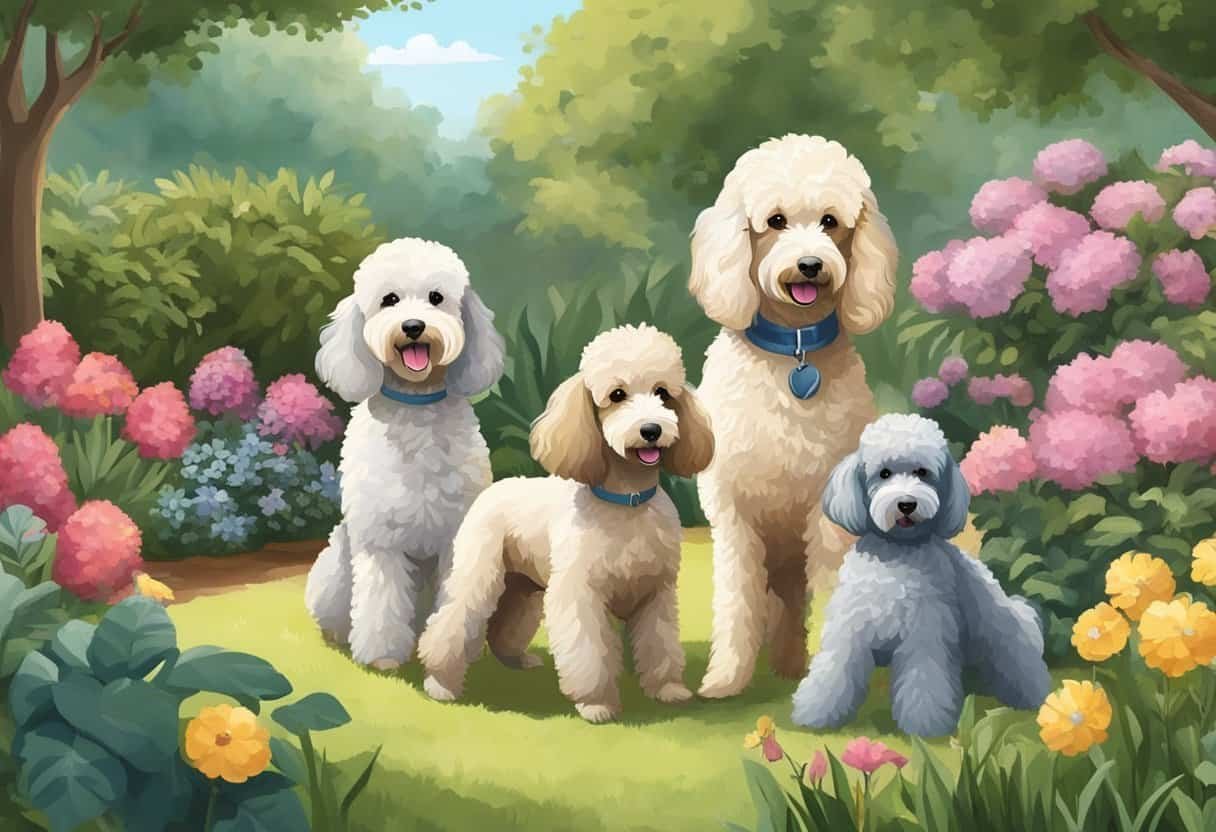 A poodle mix family plays in a lush garden. A variety of rare poodle mixes, such as the Goldendoodle and Labradoodle, interact happily