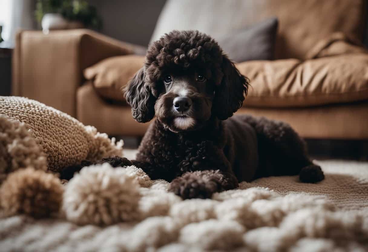 A poodle puppy playing with toys in a cozy living room, surrounded by soft blankets and pillows. A warm, inviting atmosphere with soft lighting and a comfortable space for the puppy to explore and grow