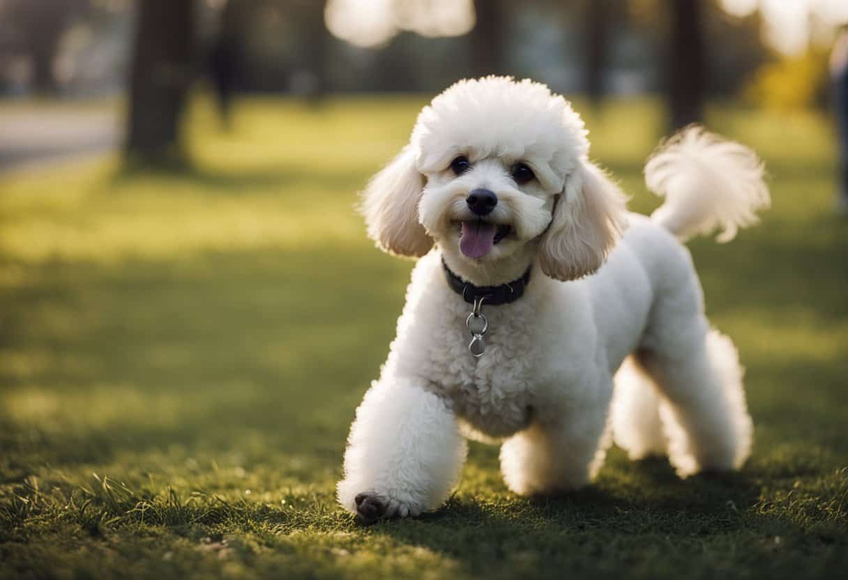 A poodle puppy playing with other dogs in a park, exploring new environments, and meeting different people. Gradually gaining confidence and social skills