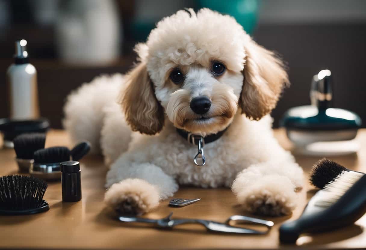 A poodle puppy being brushed and groomed, with a focus on its fluffy coat and expressive eyes. A small pair of scissors, a brush, and grooming products are laid out on a table nearby
