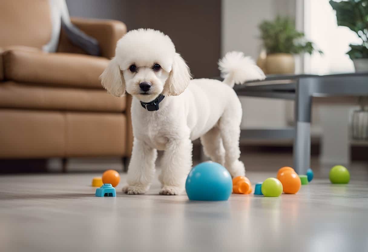 A poodle puppy playing with toys, eating from a bowl, and being trained by its owner. Milestone charts and training tips displayed in the background