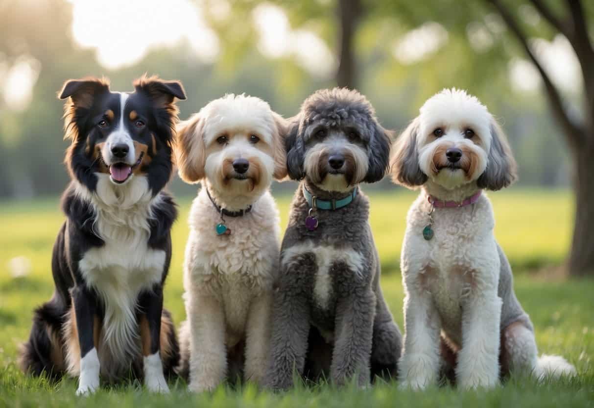 A group of intelligent, allergy-friendly dogs including a Border Collie, Poodle, and Portuguese Water Dog sitting together outdoors in a green park.