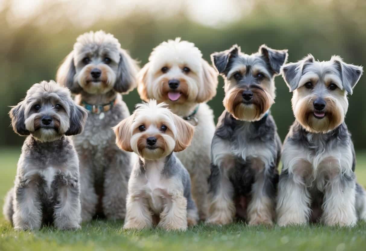 A group of allergy-friendly barking dog breeds sitting and standing outdoors on grass.
