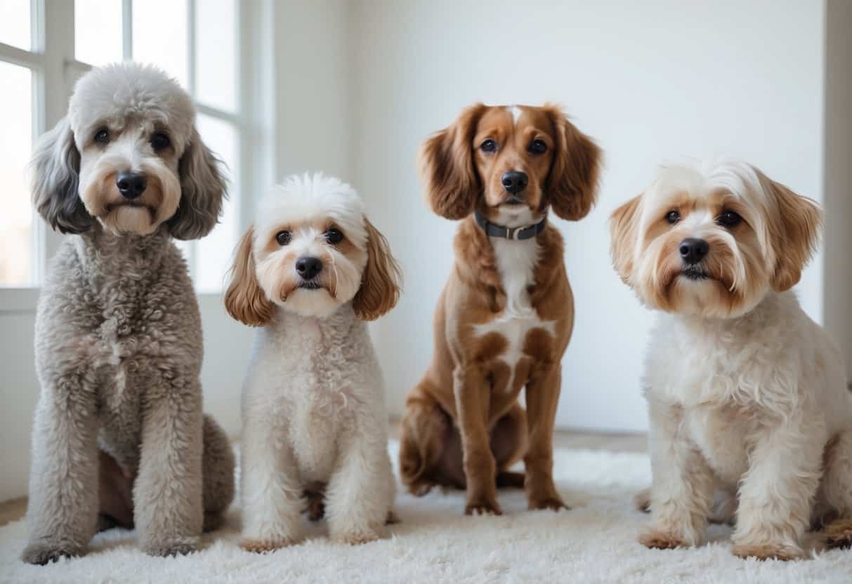 A group of allergy-friendly dog breeds including a Poodle, Bichon Frise, Portuguese Water Dog, and Maltese sitting together indoors on a white rug.