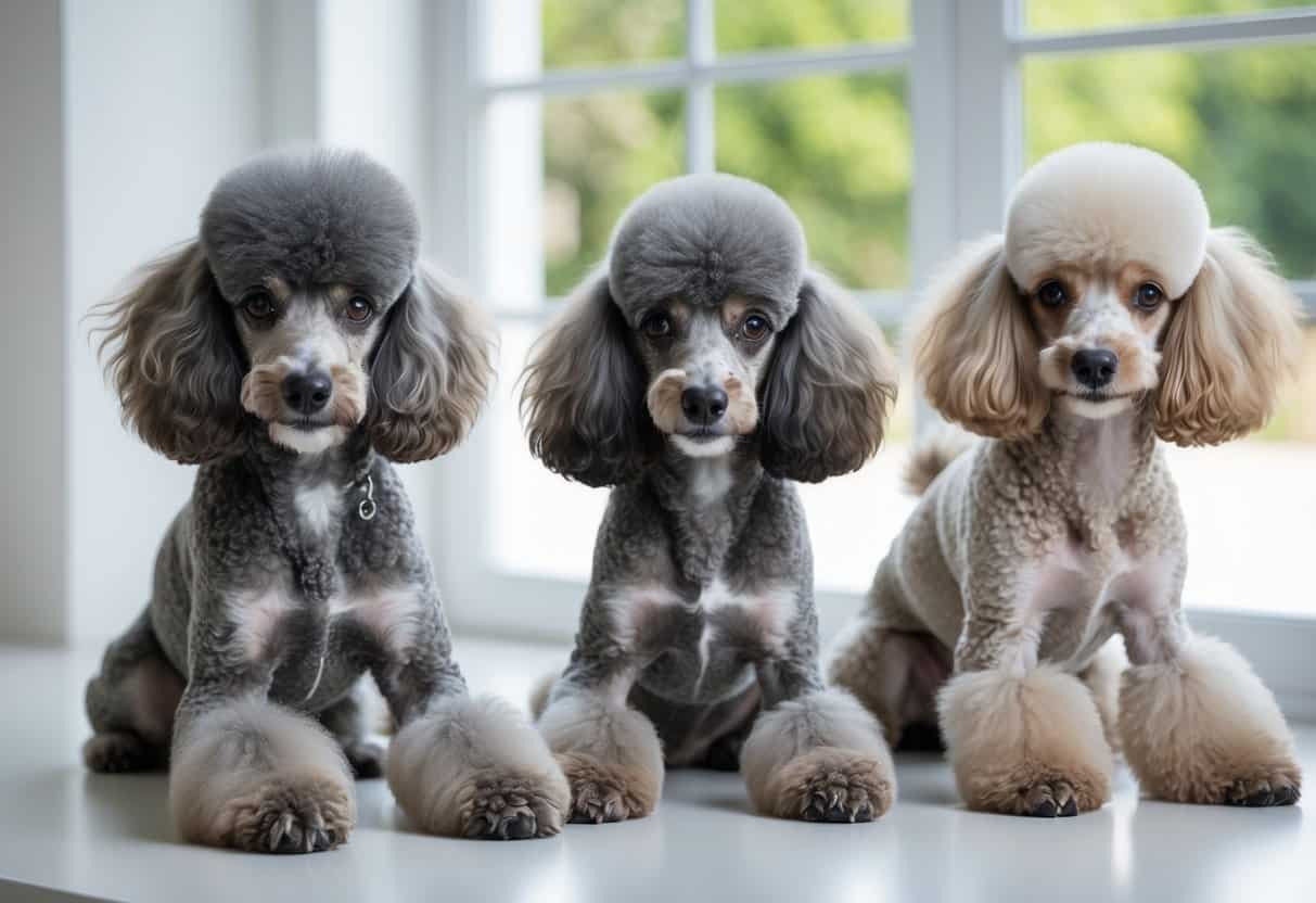 Three well-groomed poodles sitting attentively indoors with natural light and a blurred window background.