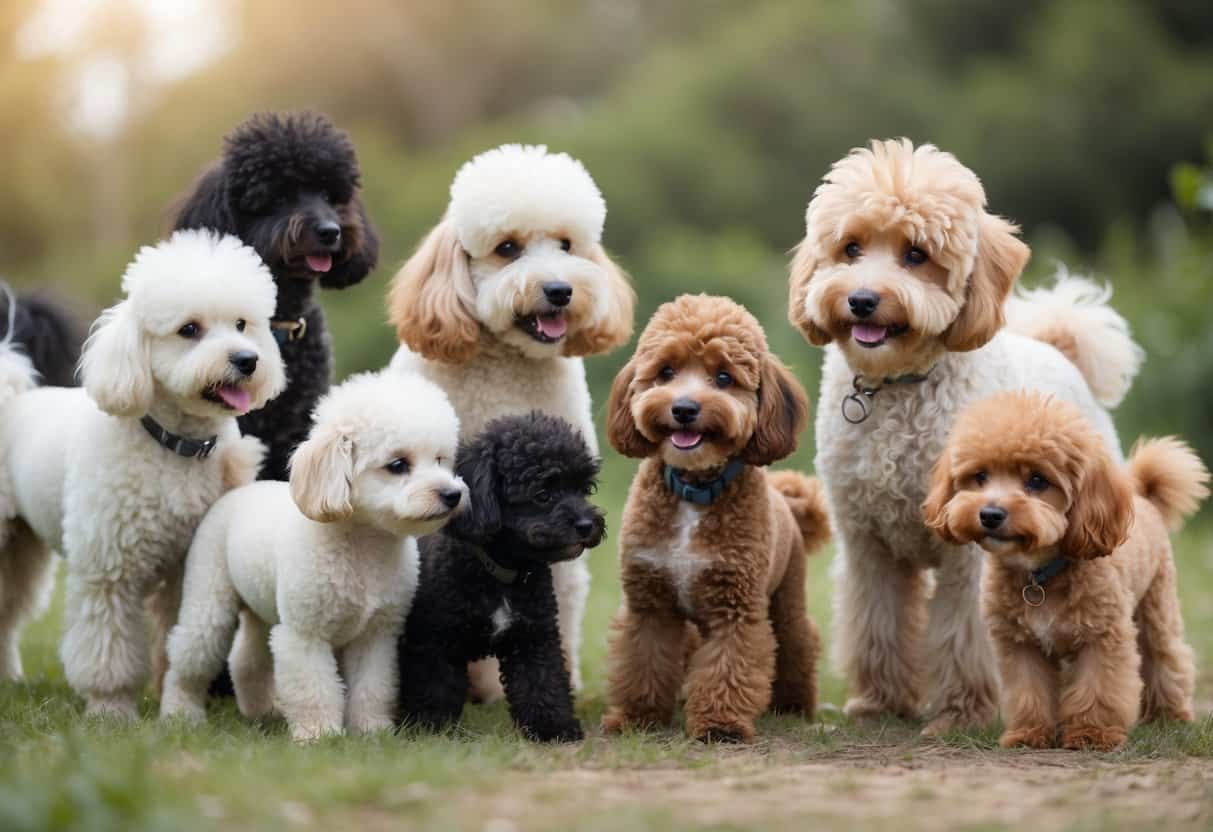 Several rare poodle mix dogs with different coat colors and textures playing together outdoors with a person in a green natural setting.