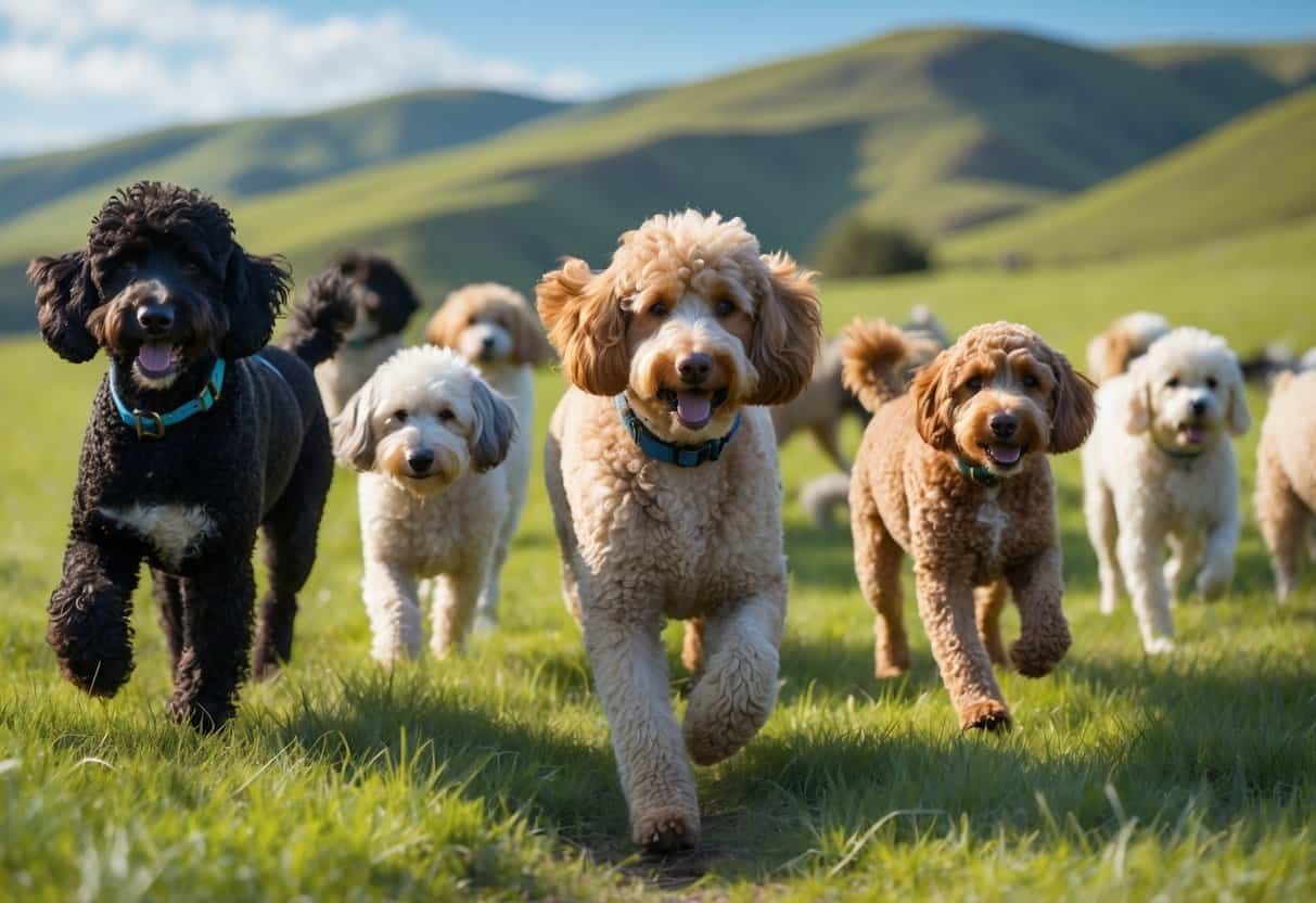 Several rare working and herding poodle mix dogs herding sheep in a grassy field with hills in the background.