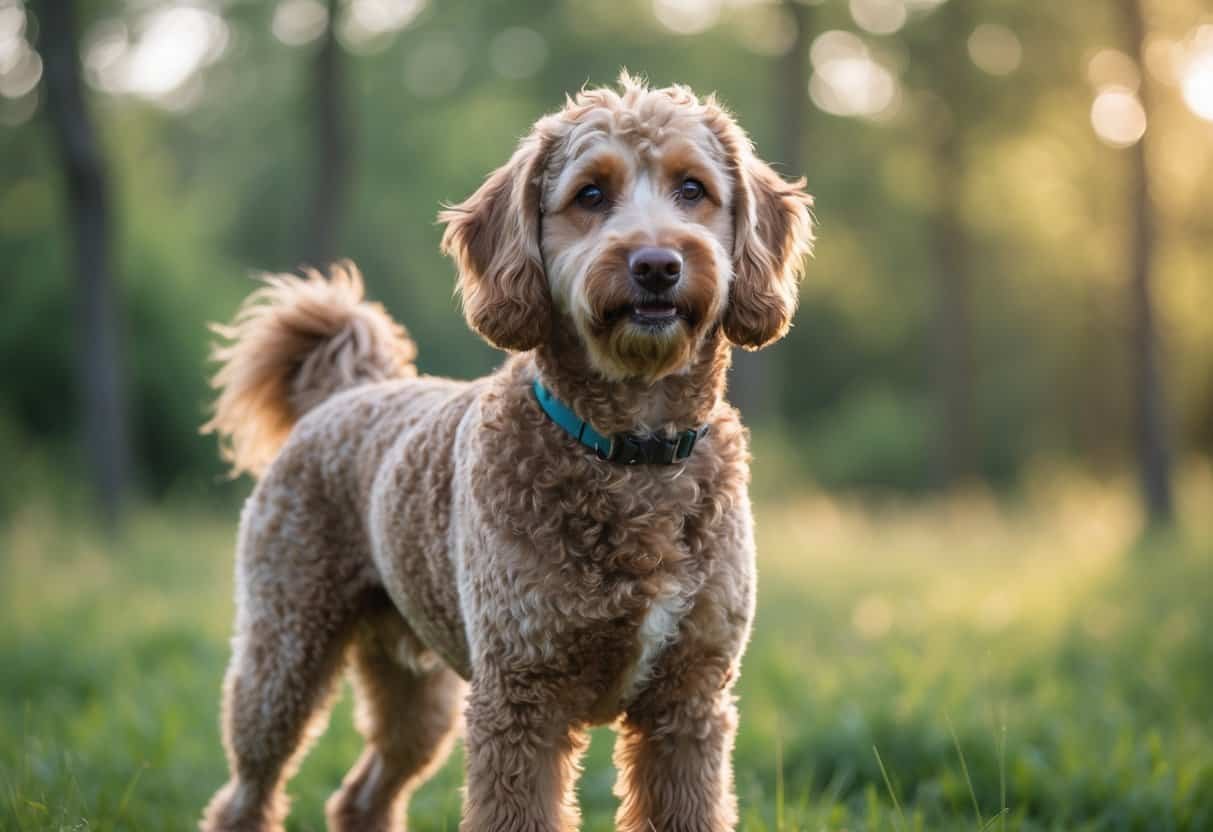 A rare hunting retriever and poodle mix dog standing outdoors in a grassy field with trees in the background.