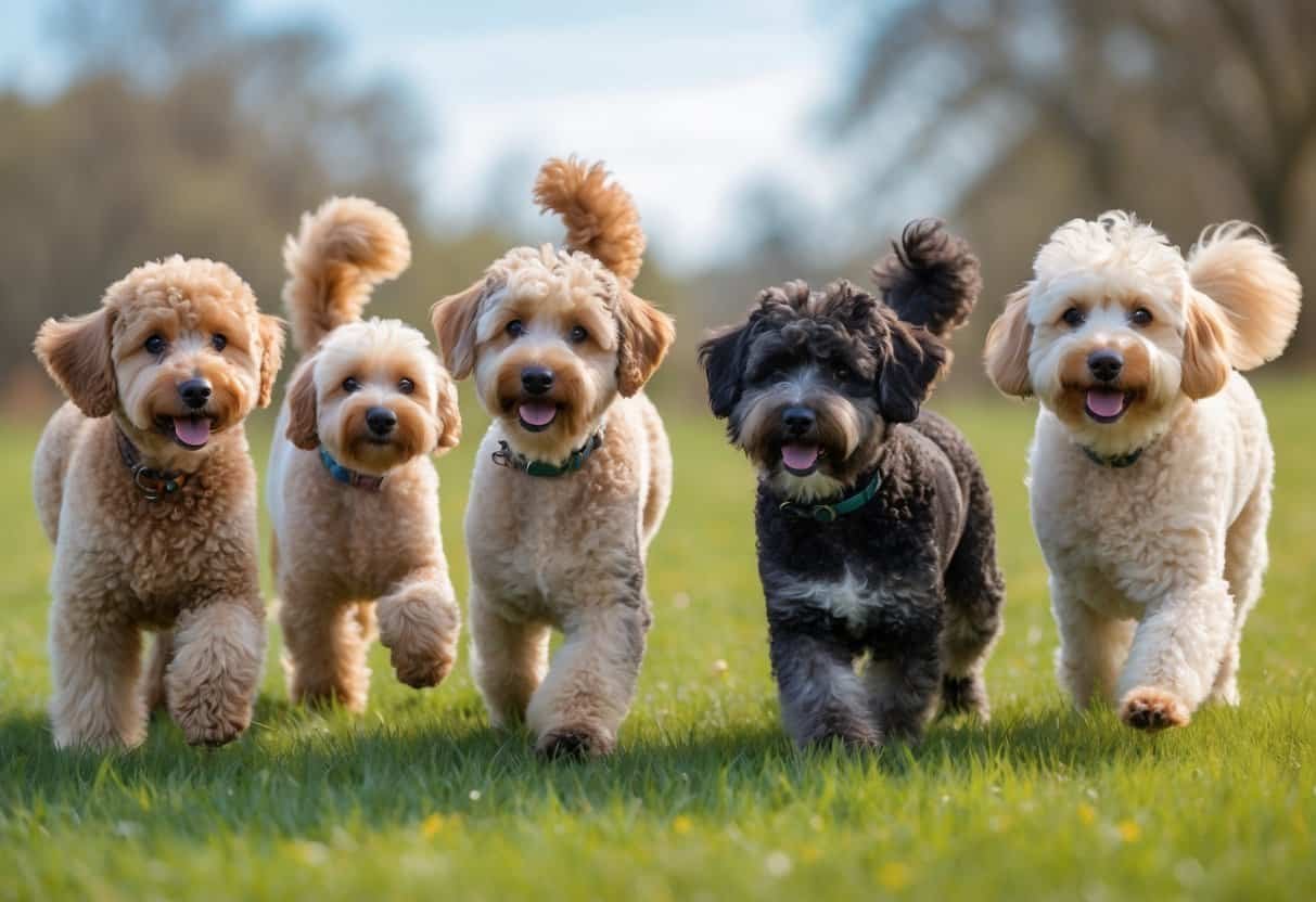 A group of rare poodle mix dogs playing together on a grassy field with trees and blue sky in the background.