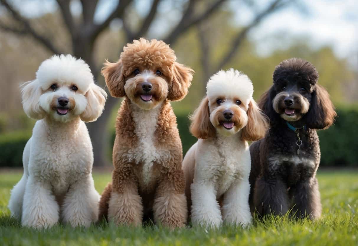 Several rare poodle mix dogs with different coat types and colors sitting and standing on grass outdoors with trees and sky in the background.