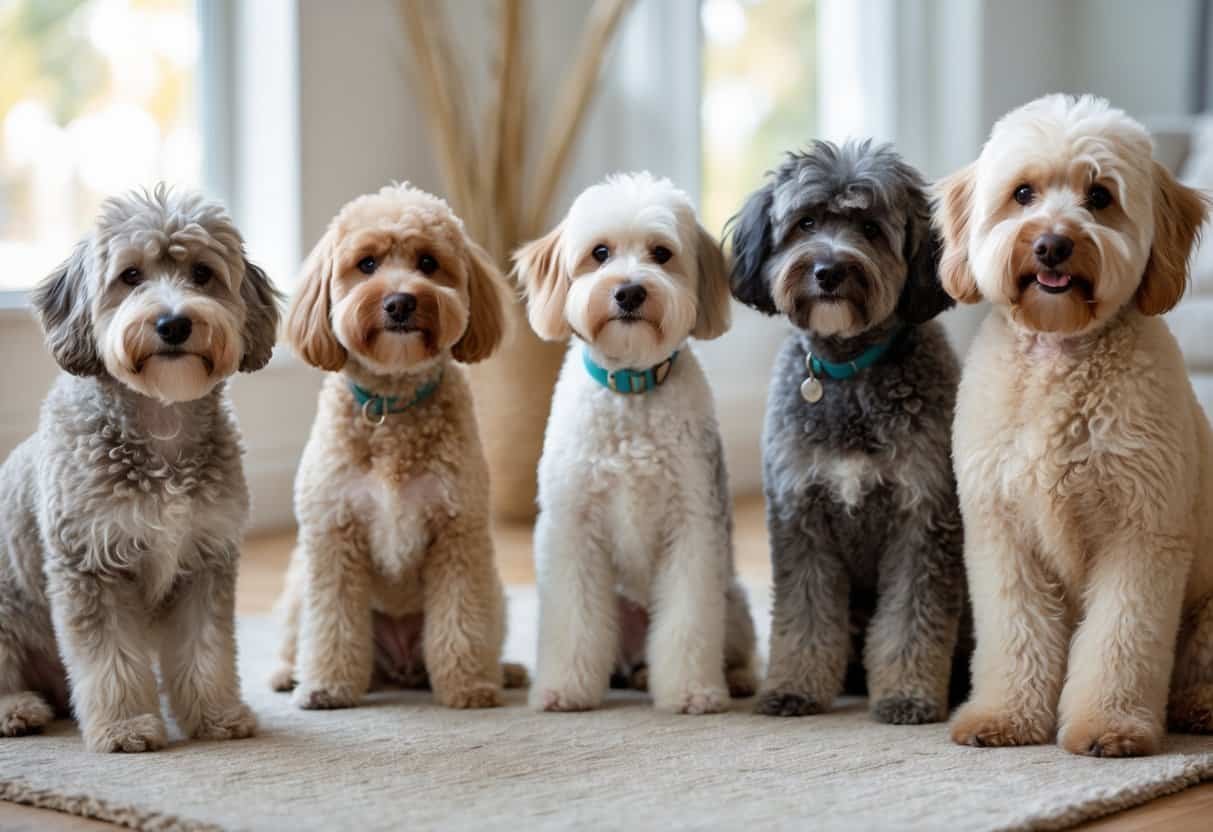 Several rare poodle mix dogs with different coat colors and textures sitting together indoors on a soft rug.