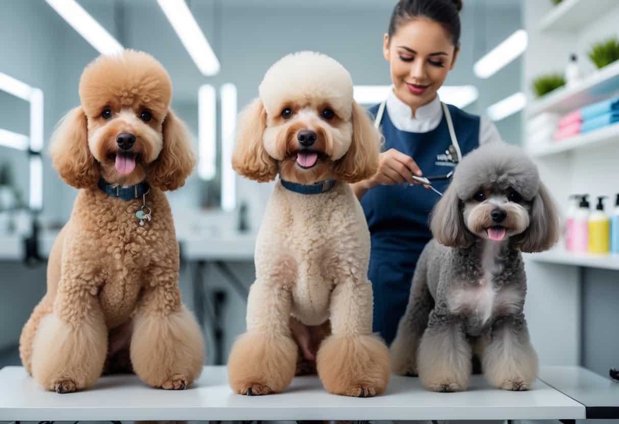 A groomer carefully grooming several rare poodle hybrid dogs in a bright, clean grooming salon.