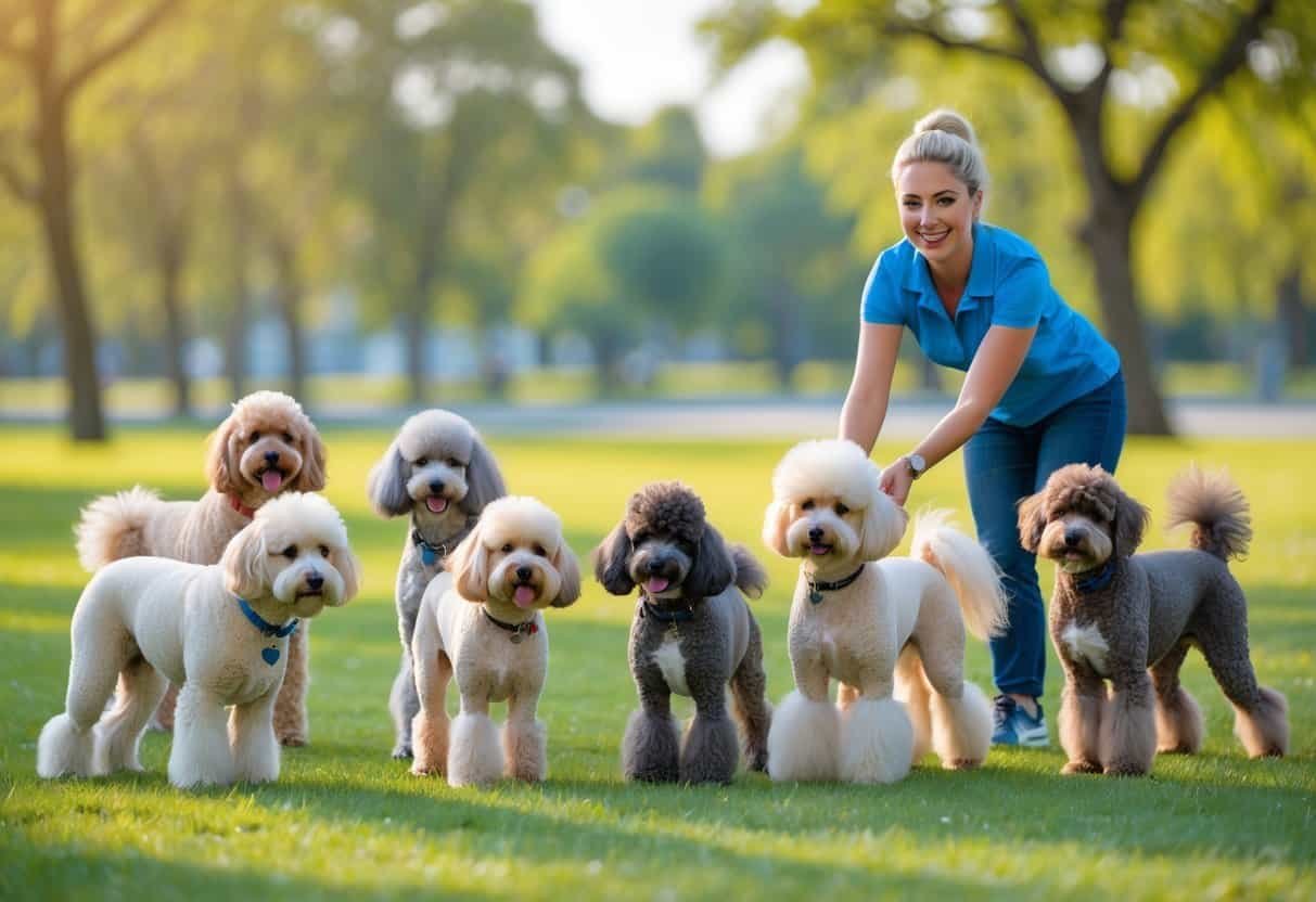 A dog trainer working with several rare poodle mix dogs in a sunny outdoor park.