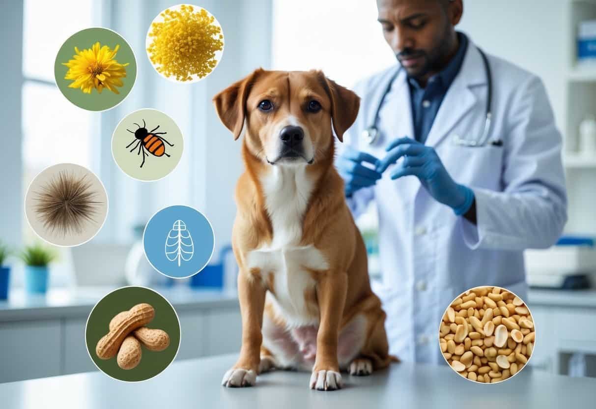 A dog sitting in a veterinary clinic with a veterinarian examining its skin, surrounded by visual representations of common allergy triggers like pollen, fleas, dust, and food.