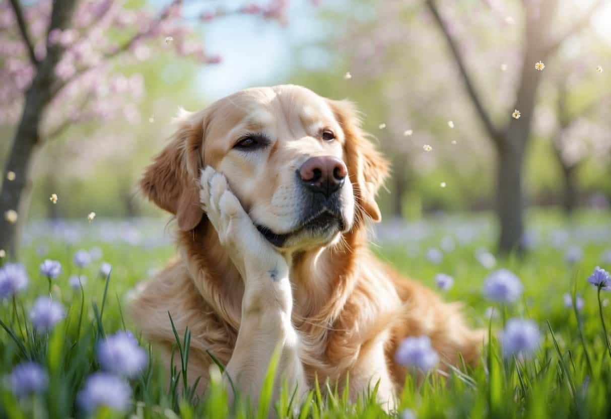 A golden retriever dog outdoors rubbing its face with its paw among blooming flowers and green grass.