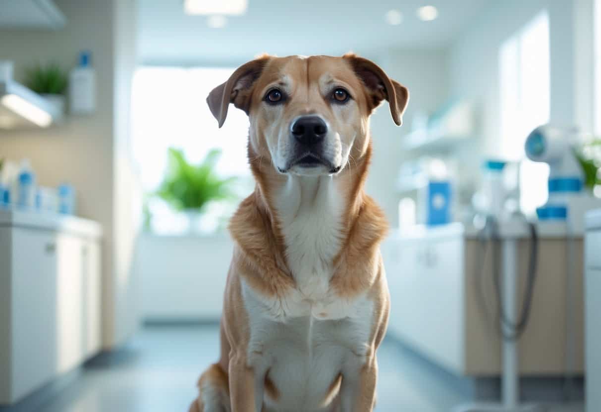 A medium-sized dog sitting attentively in a veterinary clinic with medical equipment in the background.