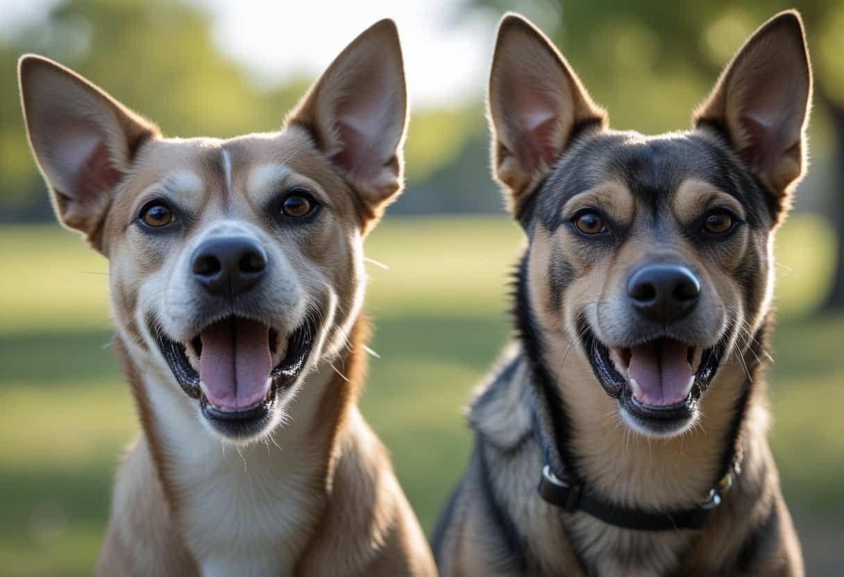 Two dogs outdoors, one barking with mouth open and alert expression, the other growling with teeth showing and a defensive look.