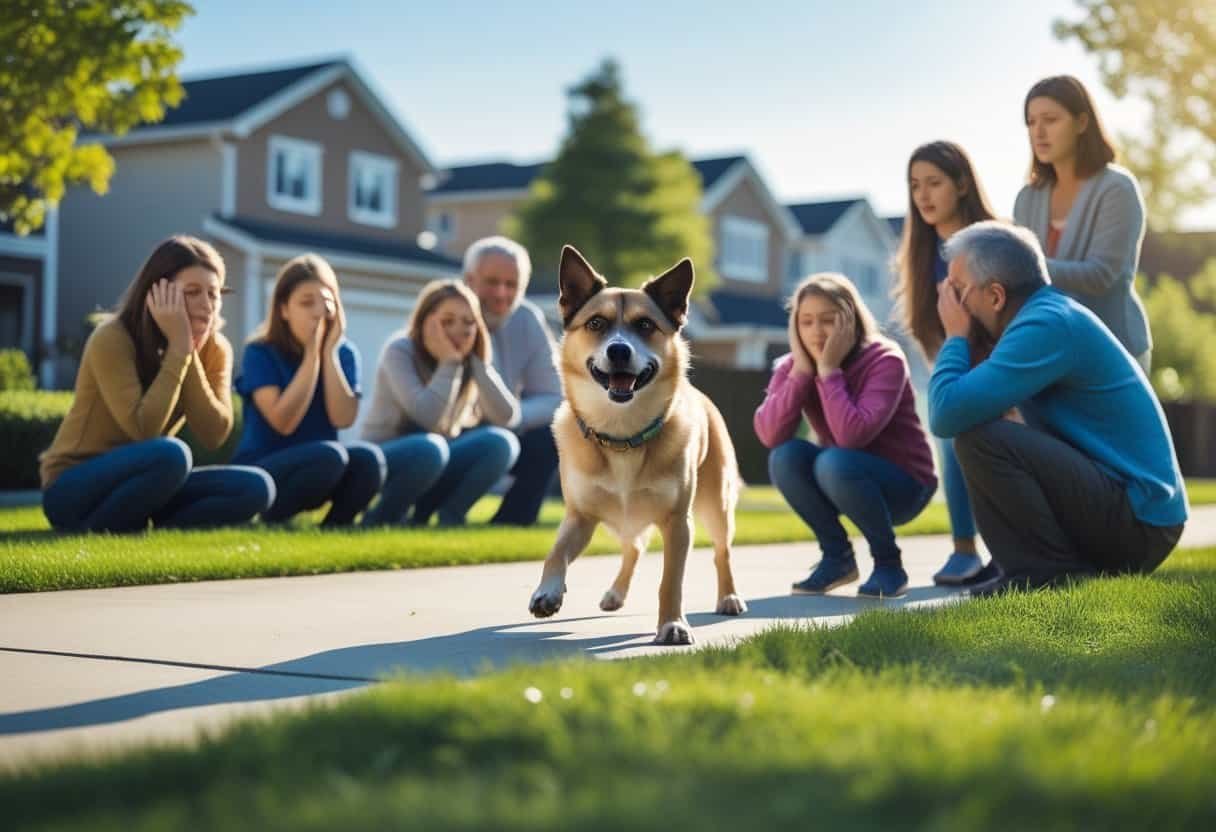 A dog barking loudly in a neighborhood while nearby people cover their ears and look disturbed.